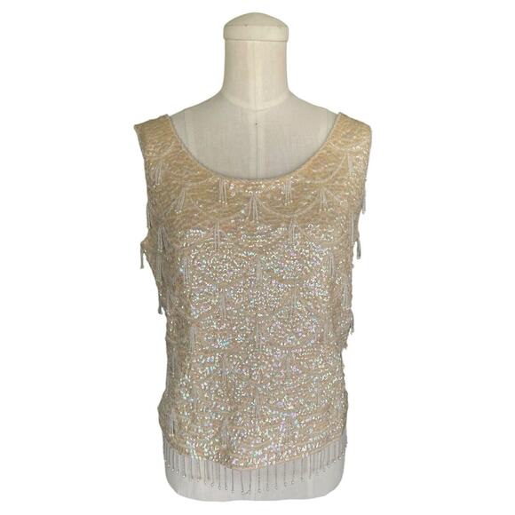 Vintage 60s Cream Beaded Sequin Sleeveless Shell Tank Top Fringe Wool Iridescent - Picture 1 of 6